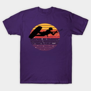 Kiter Silhouette In Black Kitesurfer Action Retro Sunrise T-Shirt